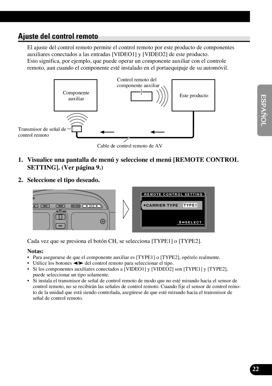 Pioneer AVR-W6100 owner manual Ajuste del control remoto 