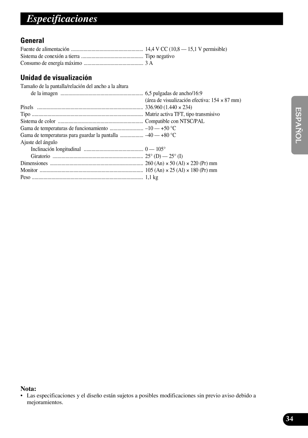 Pioneer AVR-W6100 owner manual Especificaciones, Unidad de visualización 