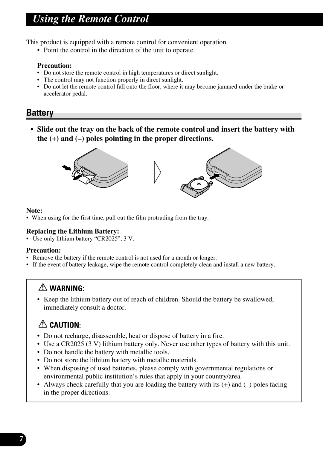 Pioneer AVR-W6100 owner manual Using the Remote Control, Precaution, Replacing the Lithium Battery 