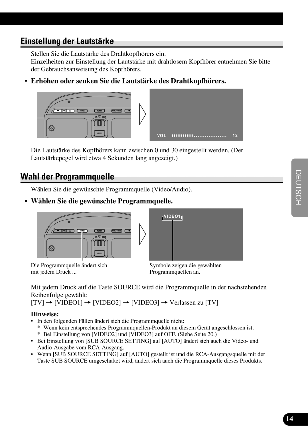 Pioneer AVR-W6100 Einstellung der Lautstärke, Wahl der Programmquelle, Wählen Sie die gewünschte Programmquelle, Hinweise 