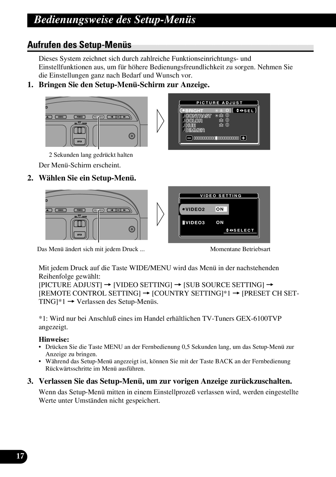 Pioneer AVR-W6100 Bedienungsweise des Setup-Menüs, Aufrufen des Setup-Menüs, Bringen Sie den Setup-Menü-Schirm zur Anzeige 