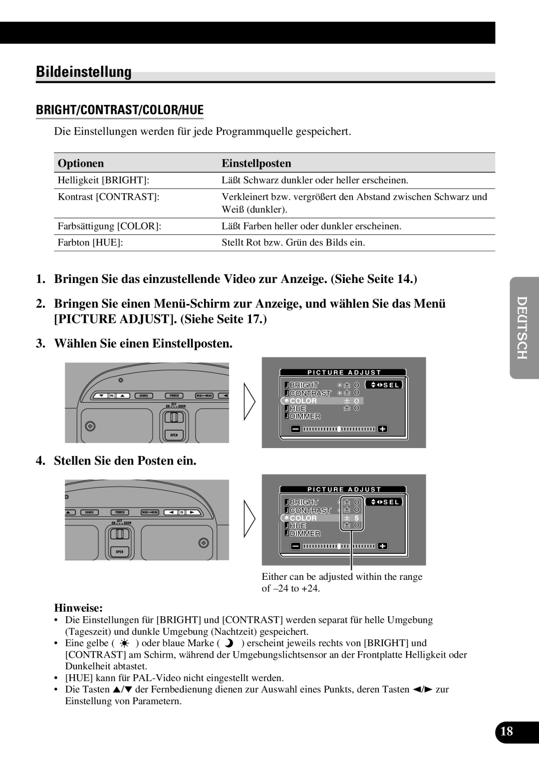 Pioneer AVR-W6100 owner manual Bildeinstellung, Stellen Sie den Posten ein, Optionen Einstellposten 