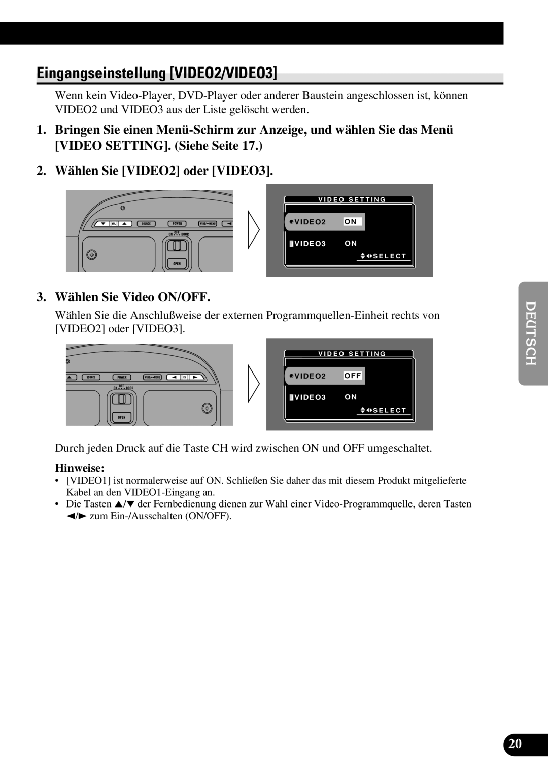 Pioneer AVR-W6100 owner manual Eingangseinstellung VIDEO2/VIDEO3, Wählen Sie Video ON/OFF 