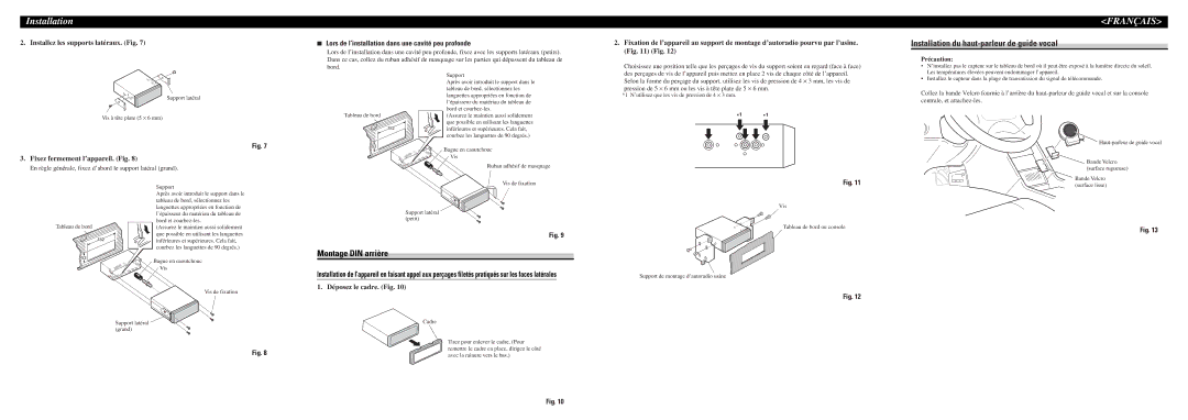 Pioneer AVX-7300 Installation du haut-parleur de guide vocal, Montage DIN arrière, Installez les supports latéraux. Fig 