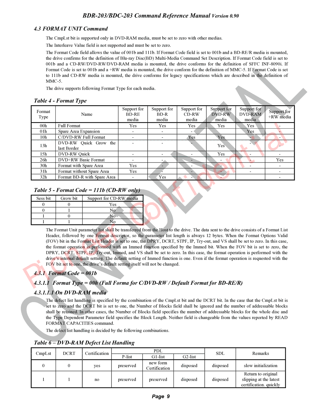 Pioneer BDC-203, BDR-203 manual Format Unit Command, Format Type, Format Code = 111b CD-RW only, P4.3.1 F rmat Code = 001b 