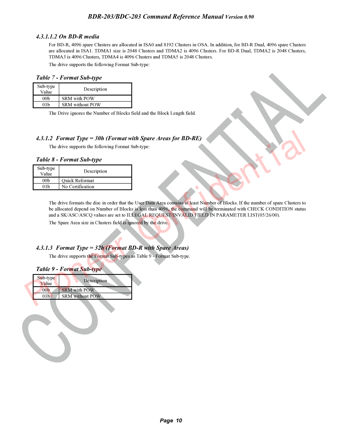 Pioneer BDR-203 manual On BD-R media, Format Sub-type, Format Type = 30h Format with Spare Areas for BD-RE, Rmat Sub-type 