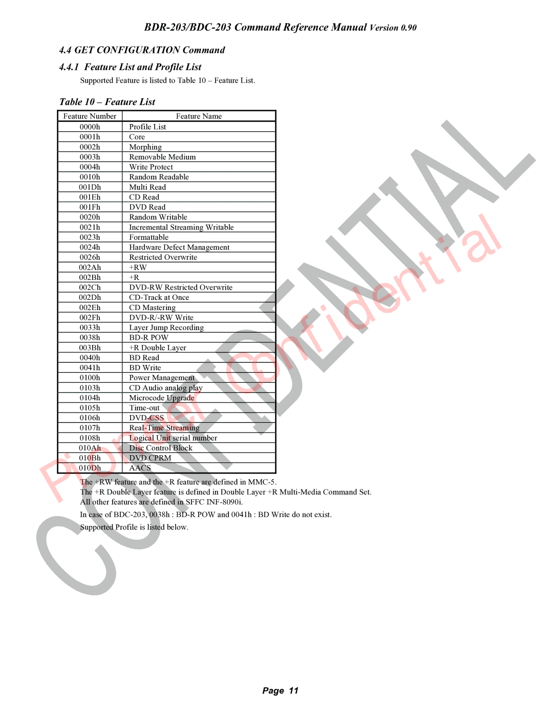 Pioneer BDC-203, BDR-203 manual GET Configuration Command Feature List and Profile List 