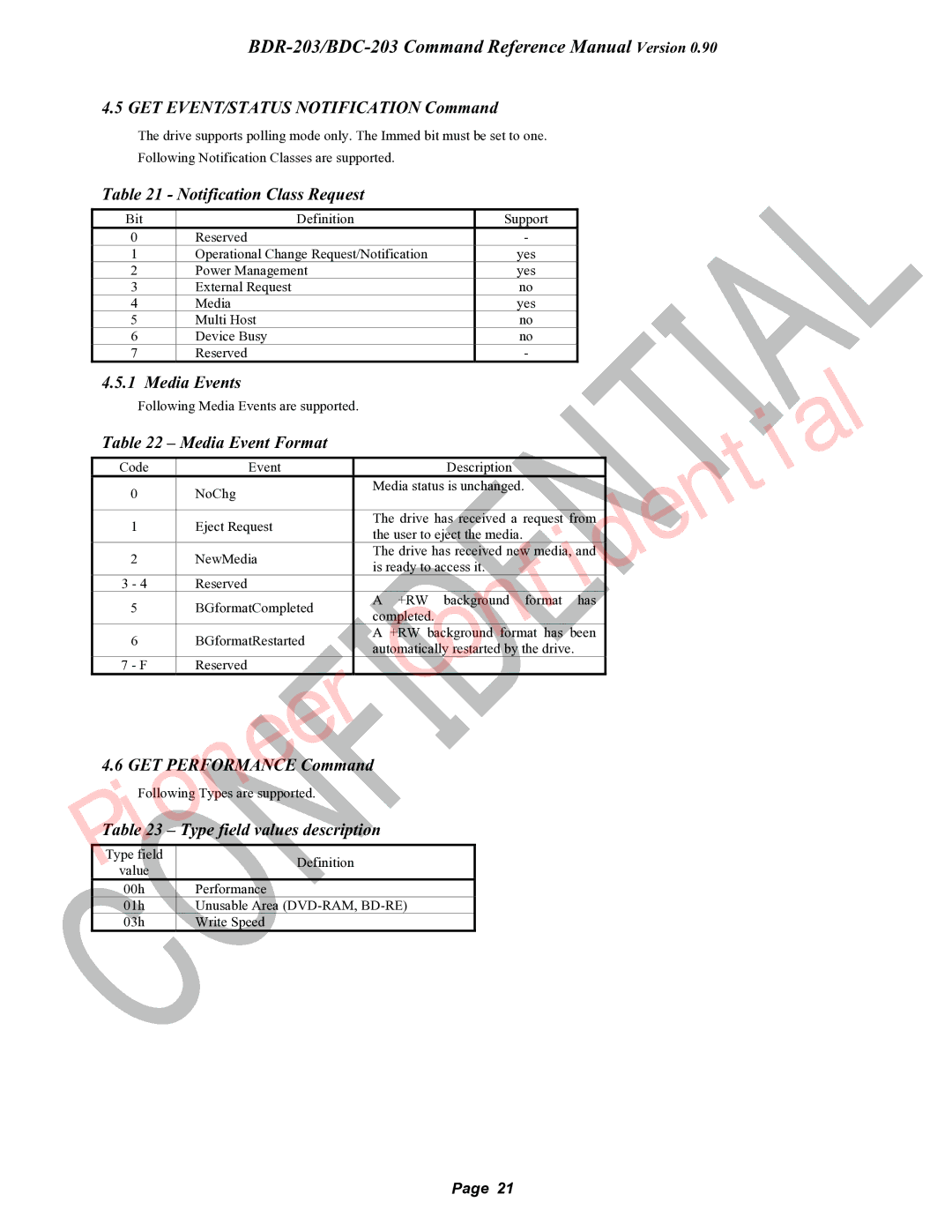 Pioneer BDC-203 manual GET EVENT/STATUS Notification Command, Notification Class Request, Media Events, Media Event Format 