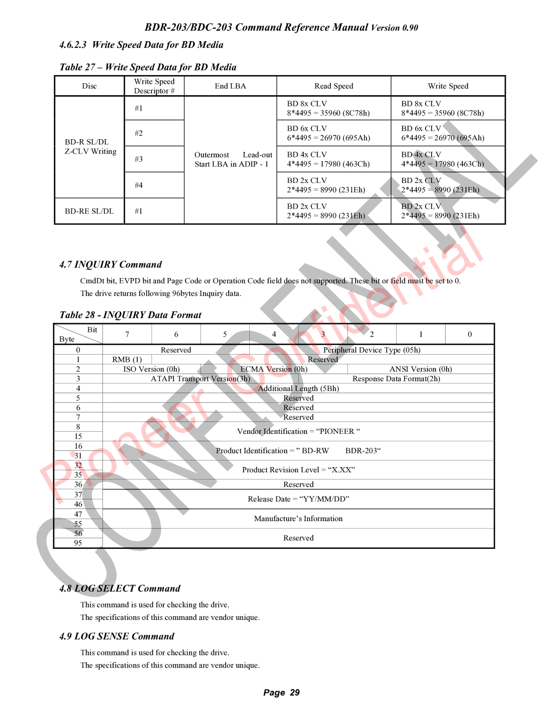 Pioneer BDC-203, BDR-203 manual Inquiry Command, Inquiry Data Format, LOG Select Command, LOG Sense Command 