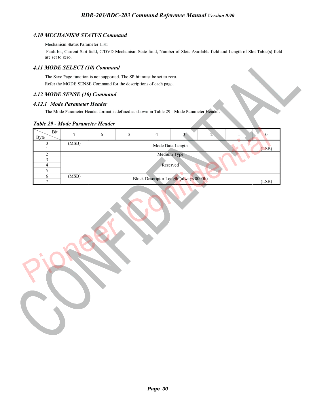 Pioneer BDR-203 Mechanism Status Command, Mode Select 10 Command, Mode Sense 10 Command Mode Parameter Header, Msb, Lsb 