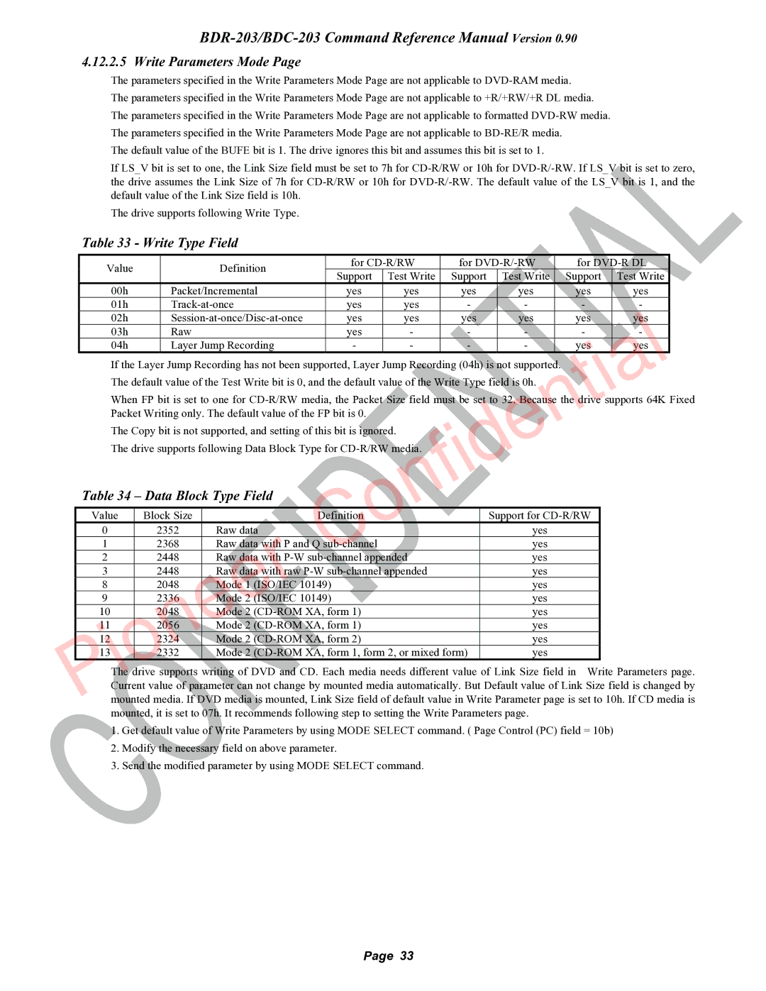 Pioneer BDC-203, BDR-203 manual Write Parameters Mode, Write Type Field, Data Block Type Field 