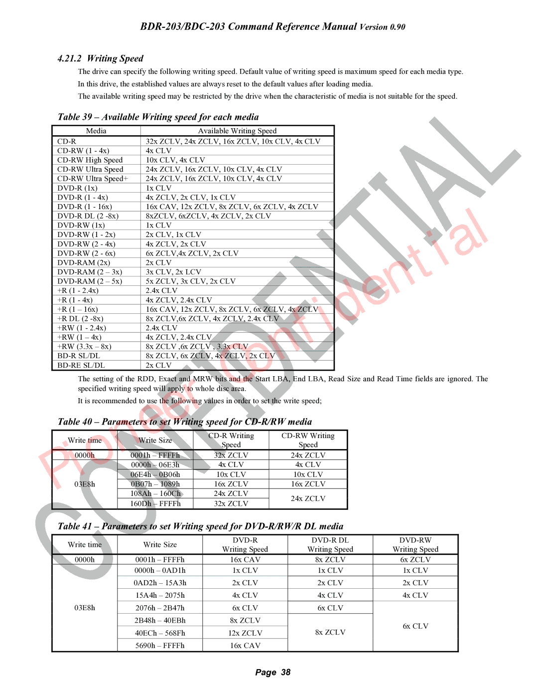 Pioneer BDR-203 Writing Speed, Available Writing speed for each media, Param t rs to s t Writing speed for CD-R/RW media 