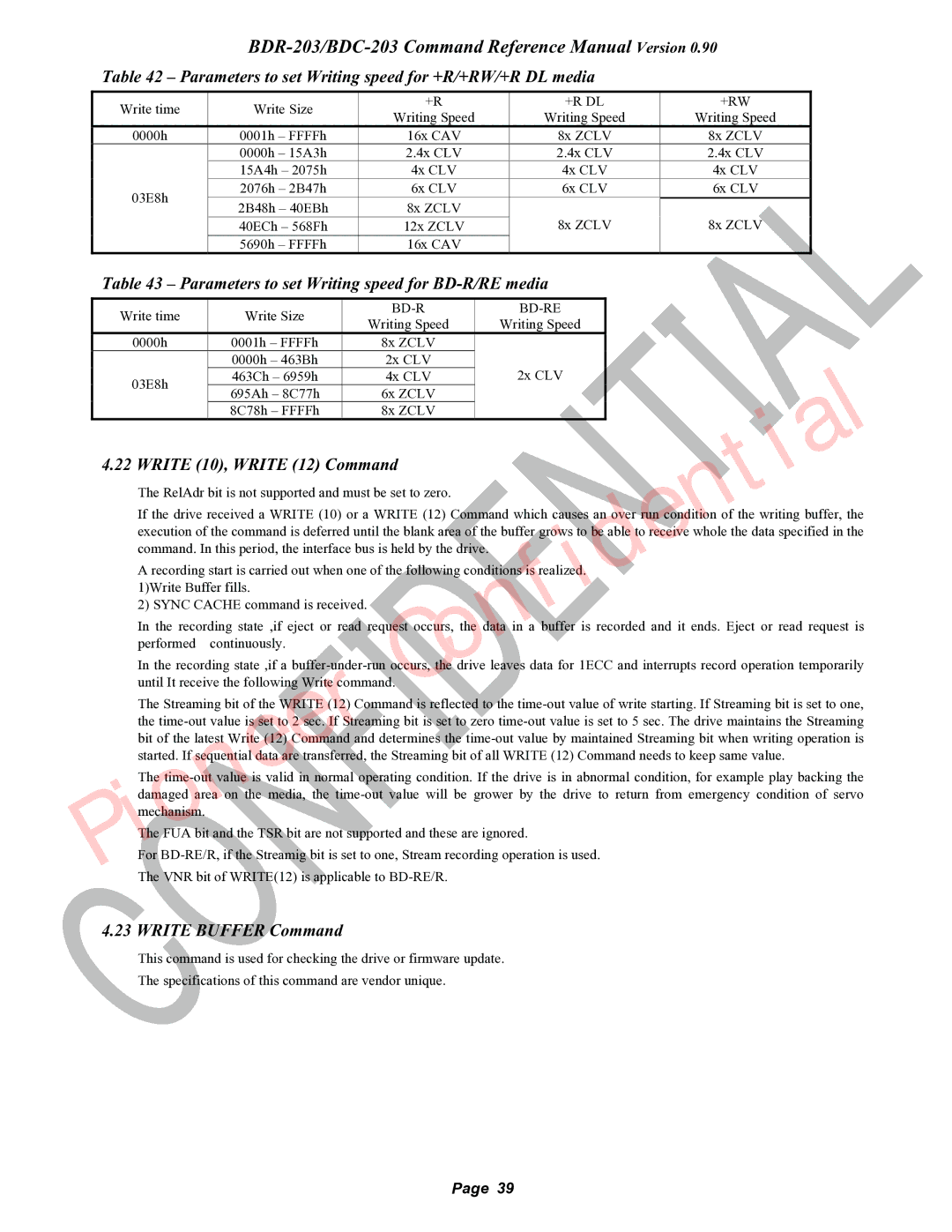 Pioneer BDC-203 Parameters to set Writing speed for +R/+RW/+R DL media, Parameters to set Writing speed for BD-R/RE media 