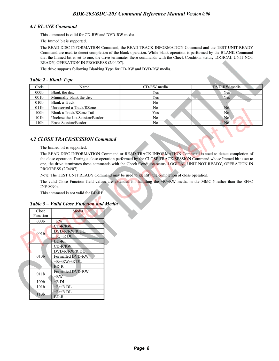 Pioneer BDR-203, BDC-203 manual Blank Command, Blank Type, Close TRACK/SESSION Command, Valid Close Function and Media 