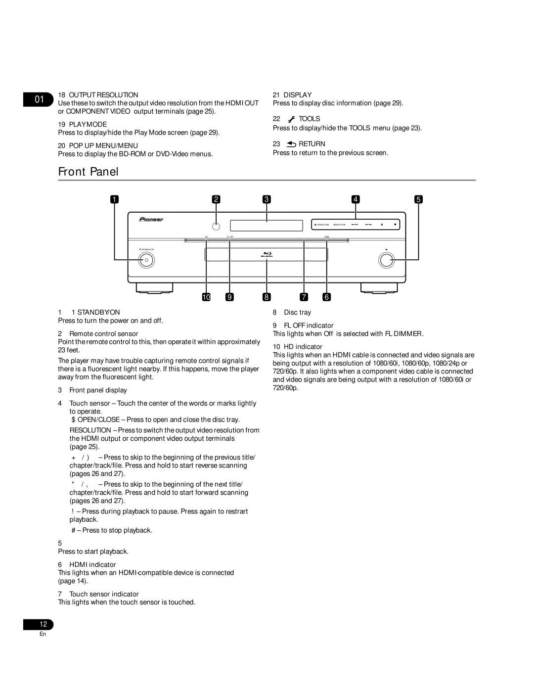 Pioneer BDP-05FD operating instructions Front Panel 