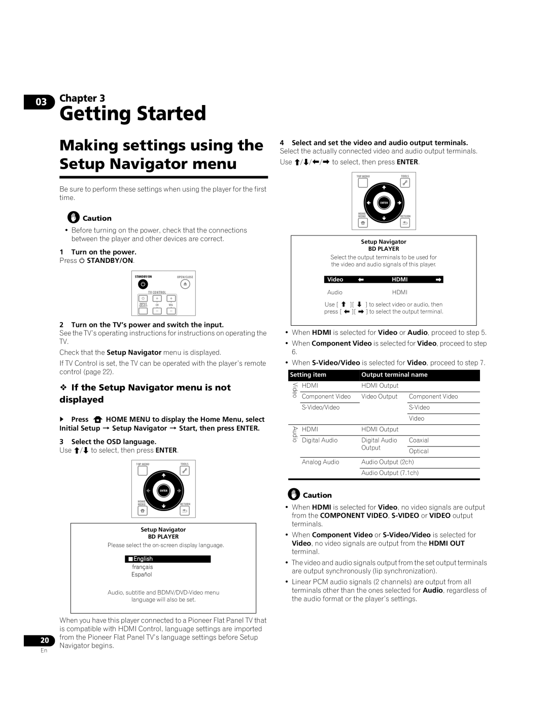 Pioneer BDP-05FD Making settings using the Setup Navigator menu,  If the Setup Navigator menu is not displayed 