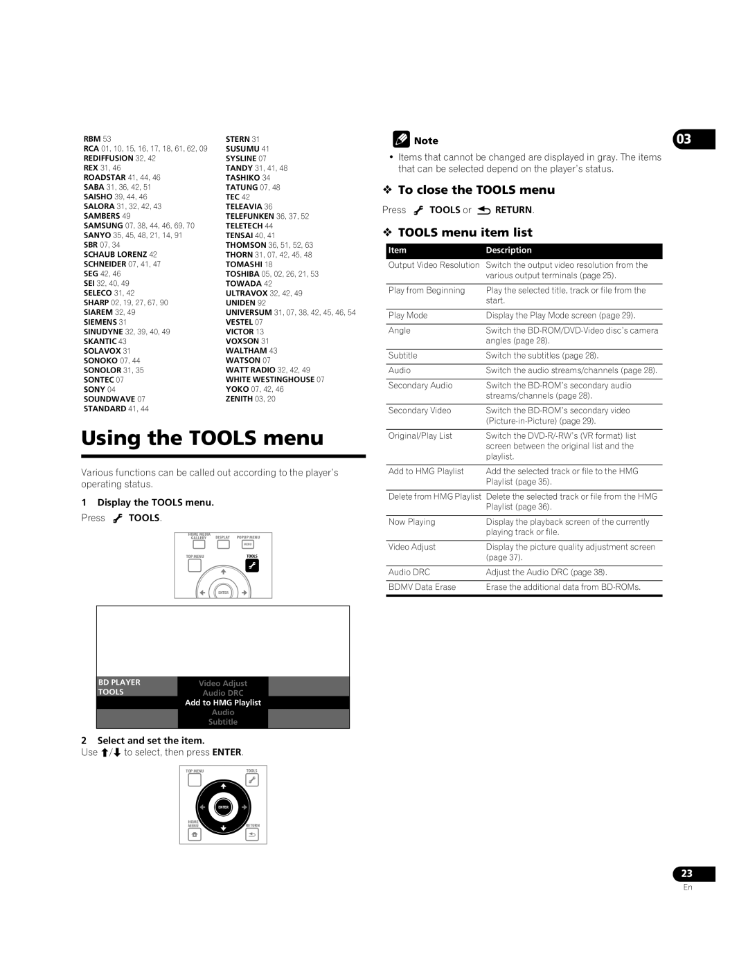 Pioneer BDP-05FD operating instructions Using the Tools menu,  To close the Tools menu,  Tools menu item list 