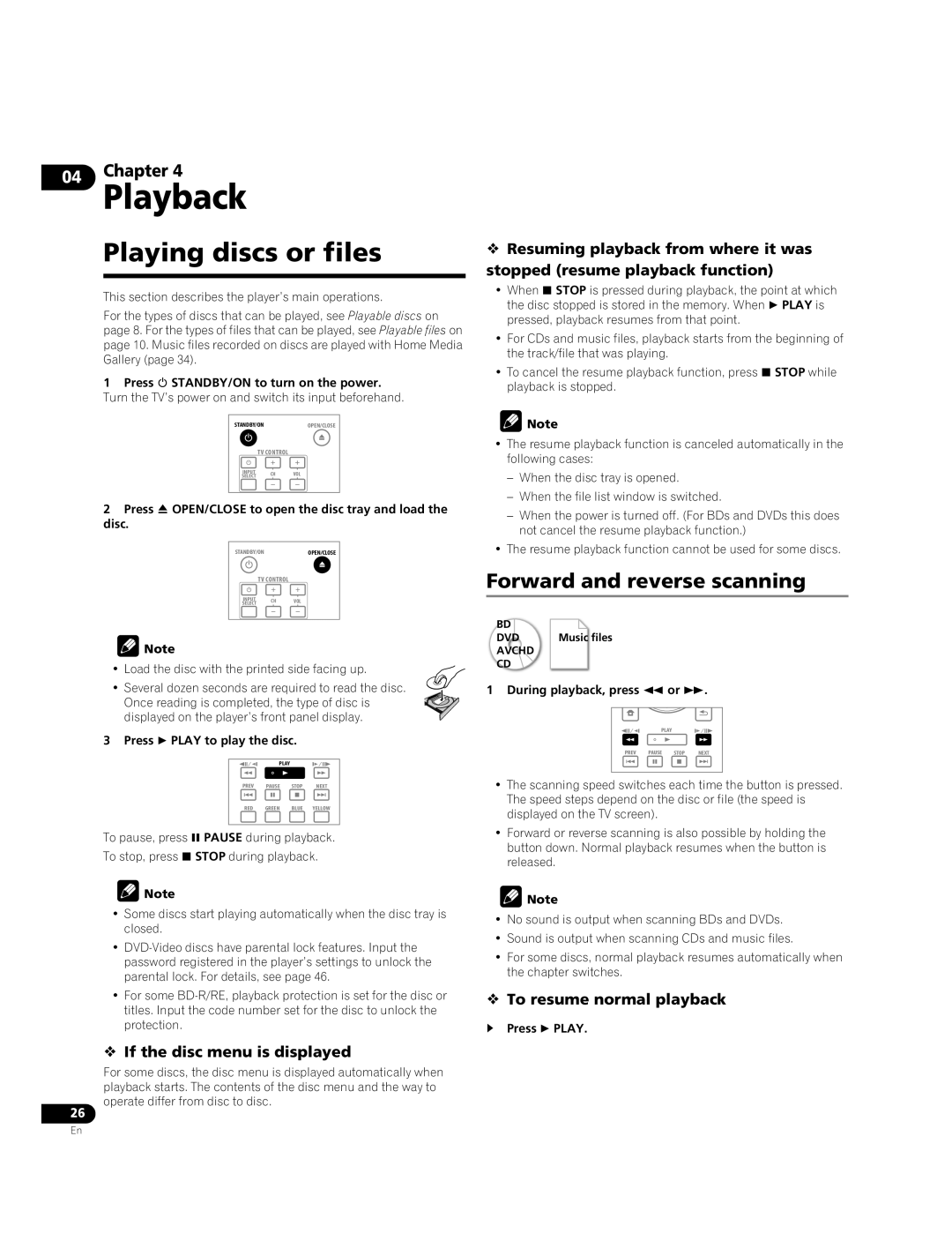 Pioneer BDP-05FD Playing discs or files, Forward and reverse scanning,  If the disc menu is displayed 