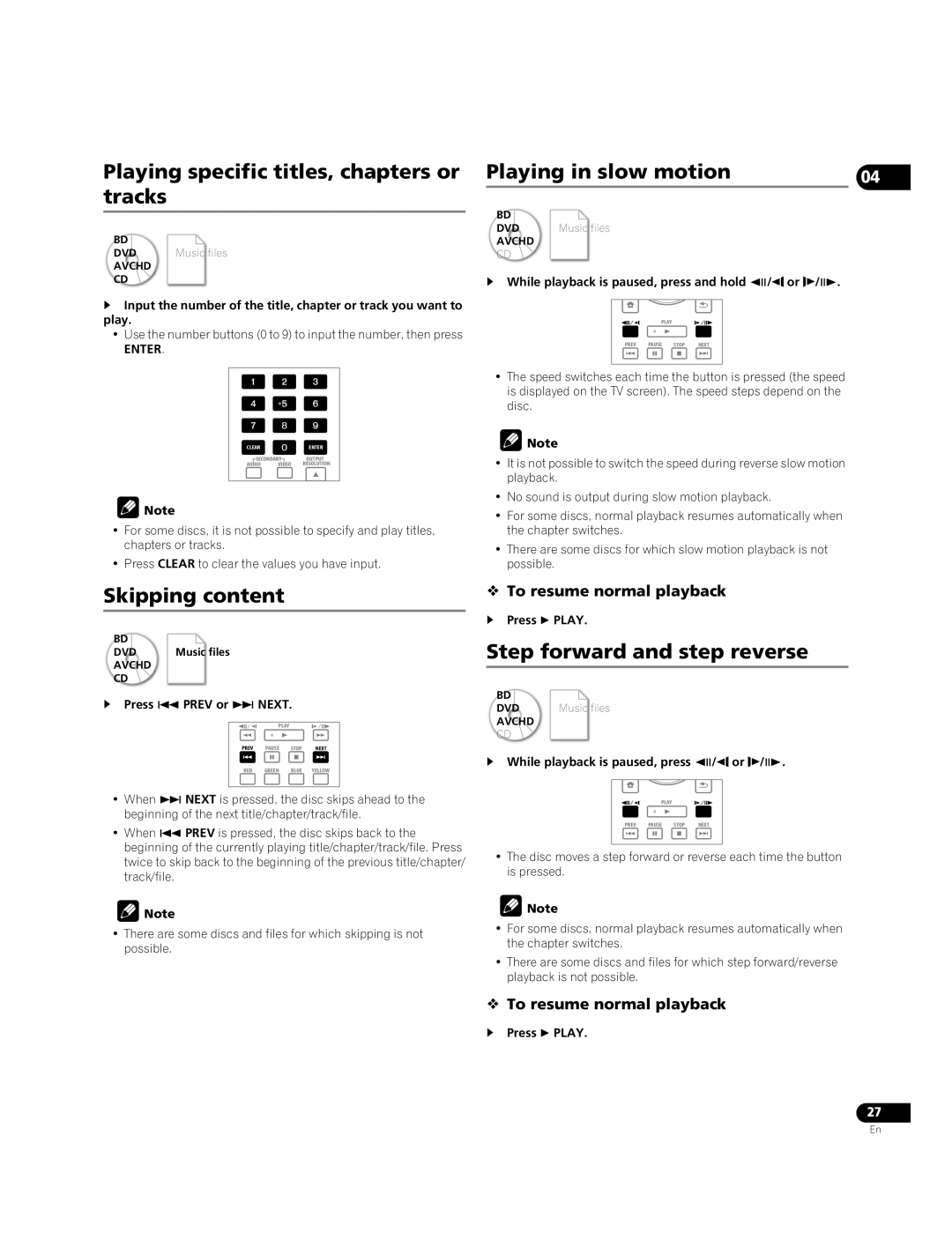 Pioneer BDP-05FD Playing specific titles, chapters or tracks, Skipping content, Step forward and step reverse 