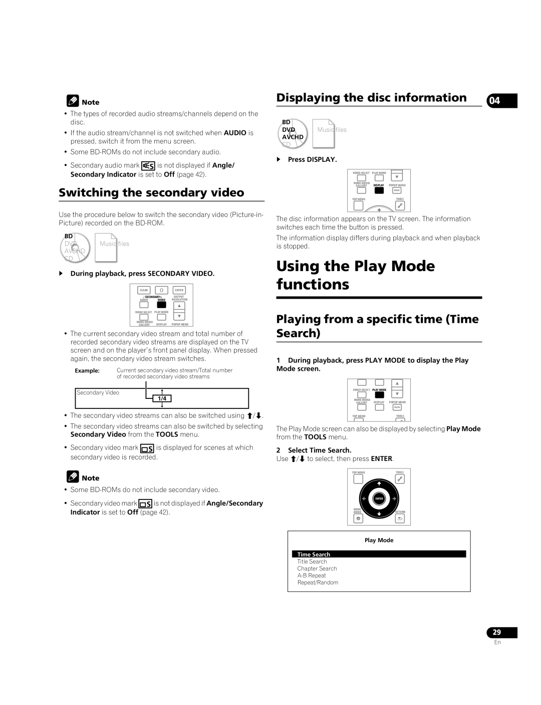 Pioneer BDP-05FD Using the Play Mode functions, Switching the secondary video, Playing from a specific time Time Search 