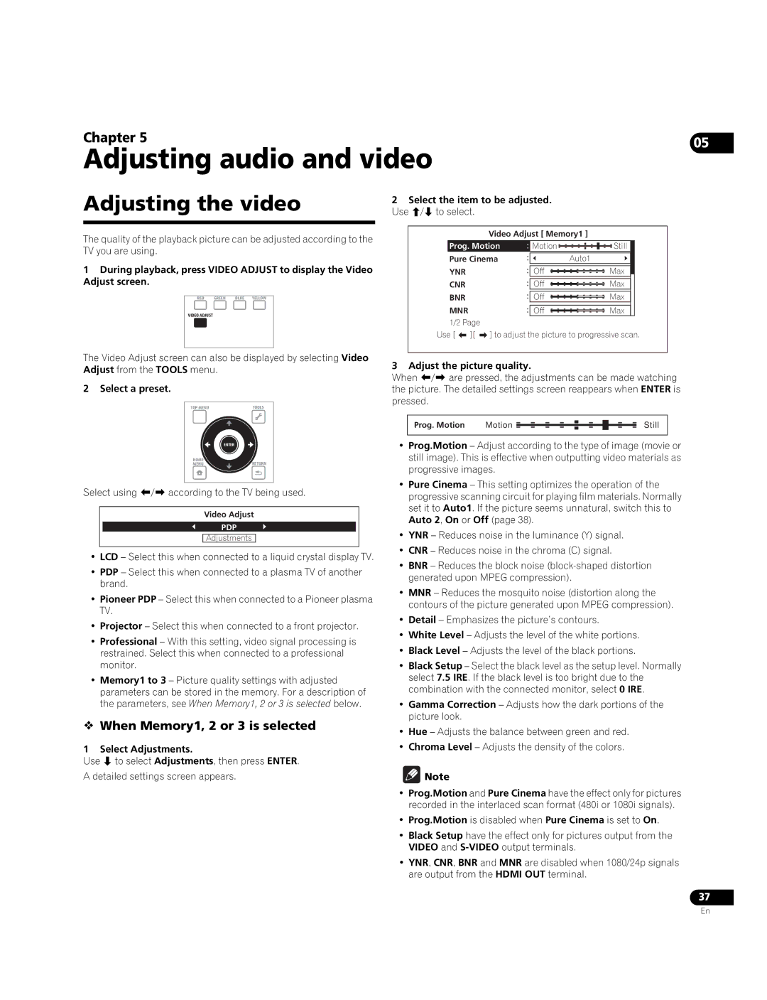 Pioneer BDP-05FD operating instructions Adjusting the video,  When Memory1, 2 or 3 is selected 