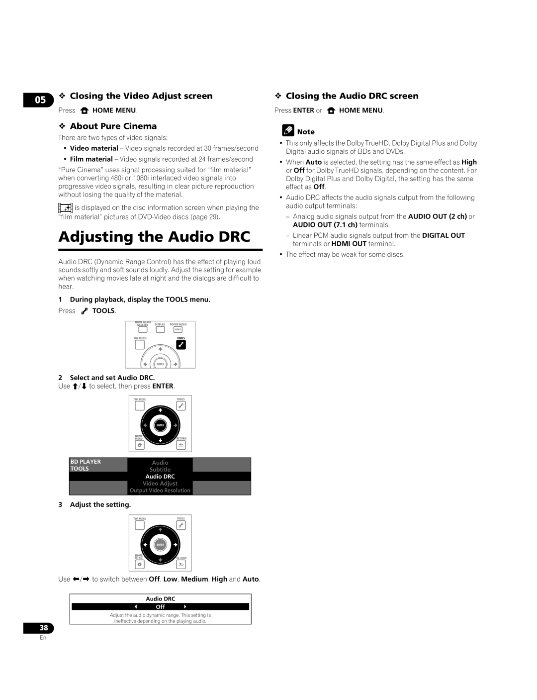 Pioneer BDP-05FD operating instructions Adjusting the Audio DRC, 05  Closing the Video Adjust screen,  About Pure Cinema 