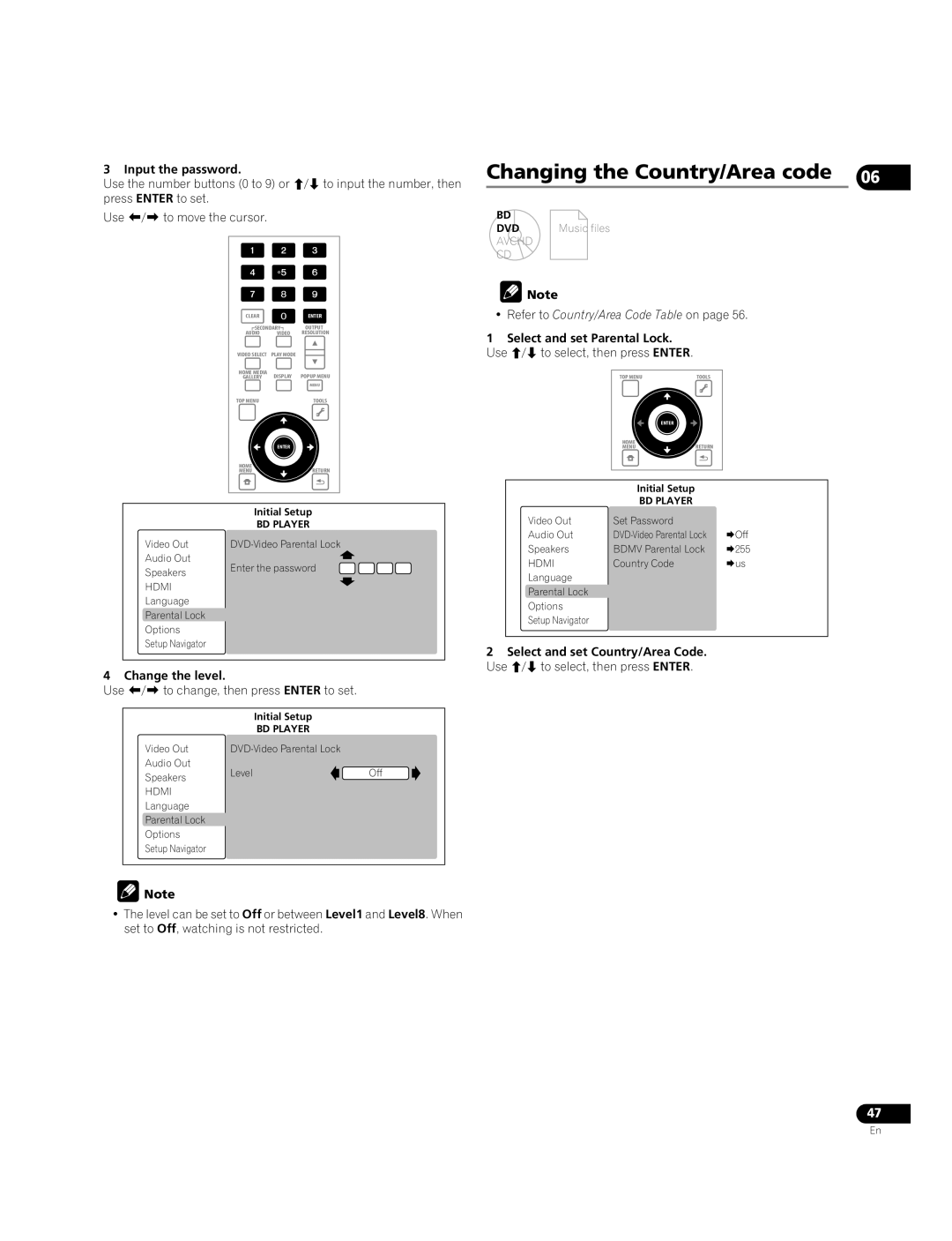 Pioneer BDP-05FD Changing the Country/Area code, Change the level, Use / to change, then press Enter to set 