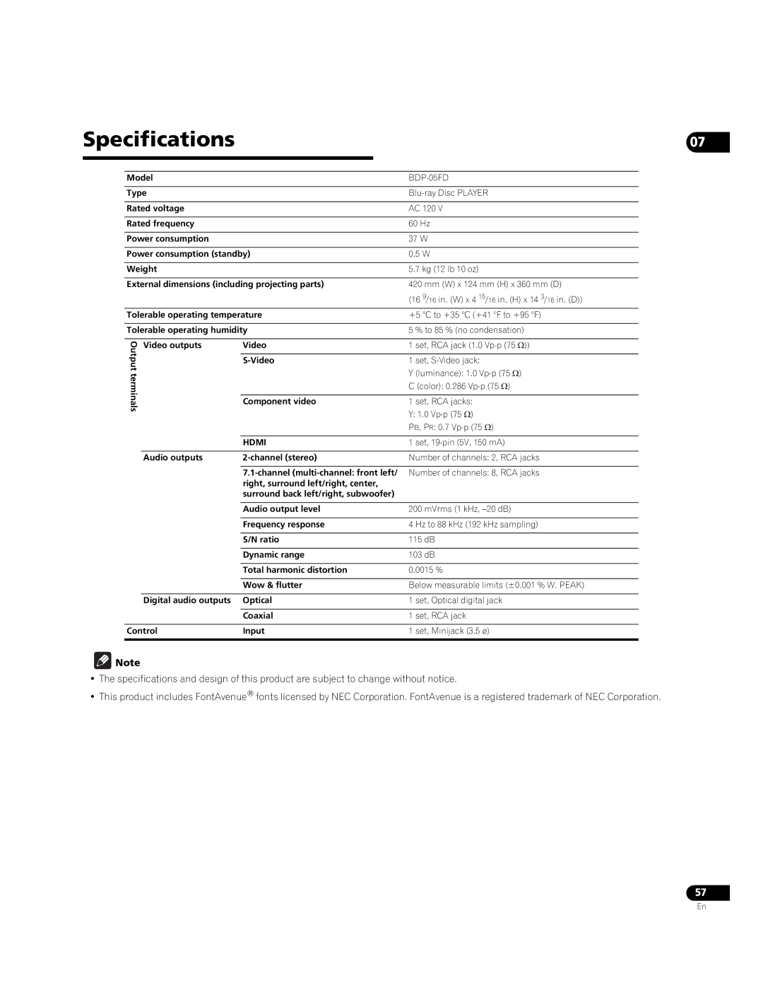 Pioneer BDP-05FD operating instructions Specifications 