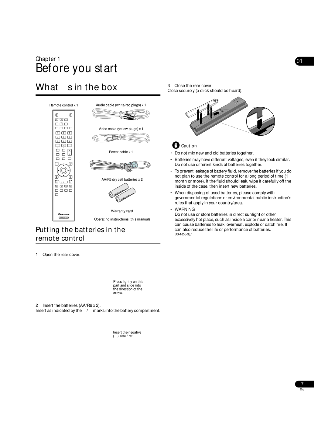 Pioneer BDP-05FD What’s in the box, Putting the batteries in the remote control, Close the rear cover, Open the rear cover 