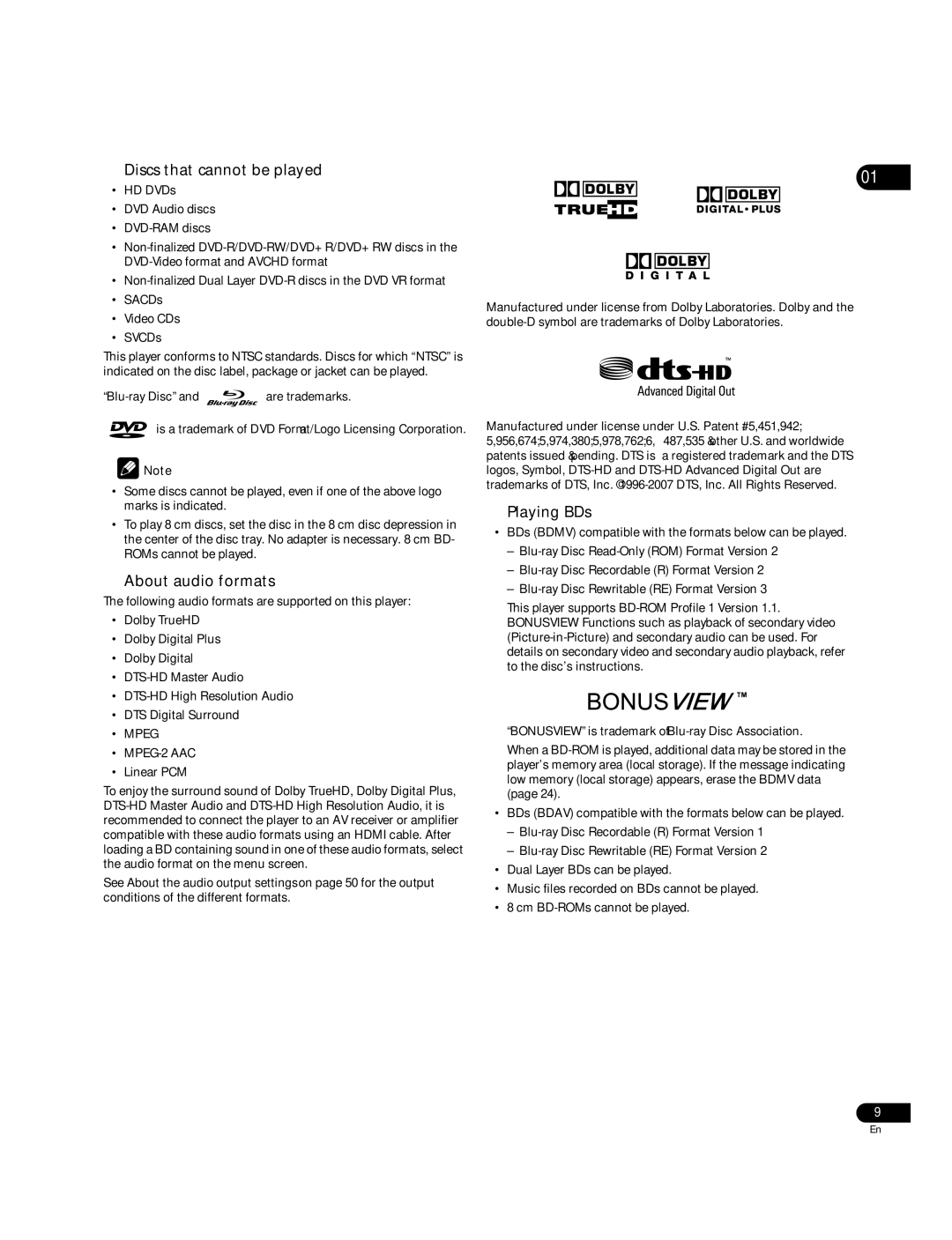 Pioneer BDP-05FD operating instructions  Discs that cannot be played,  About audio formats,  Playing BDs 