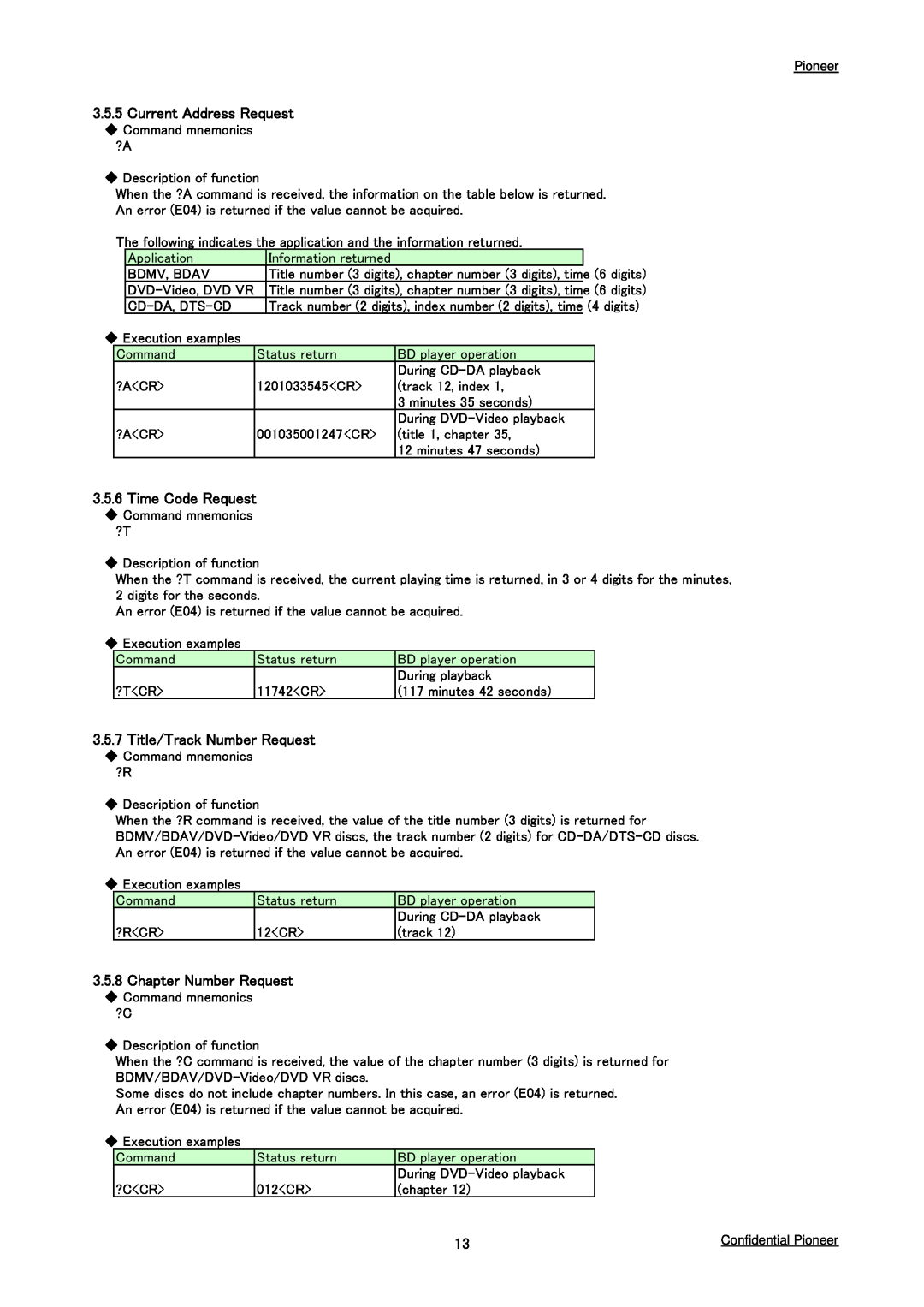 Pioneer BDP-LX91, BDP-09FD Current Address Request, Time Code Request, Title/Track Number Request, Chapter Number Request 