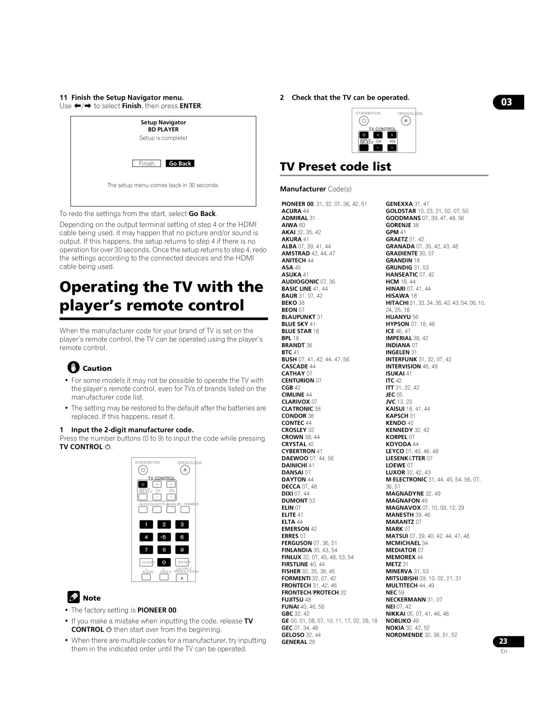 Pioneer BDP-09FD operating instructions Operating the TV with the player’s remote control, TV Preset code list 