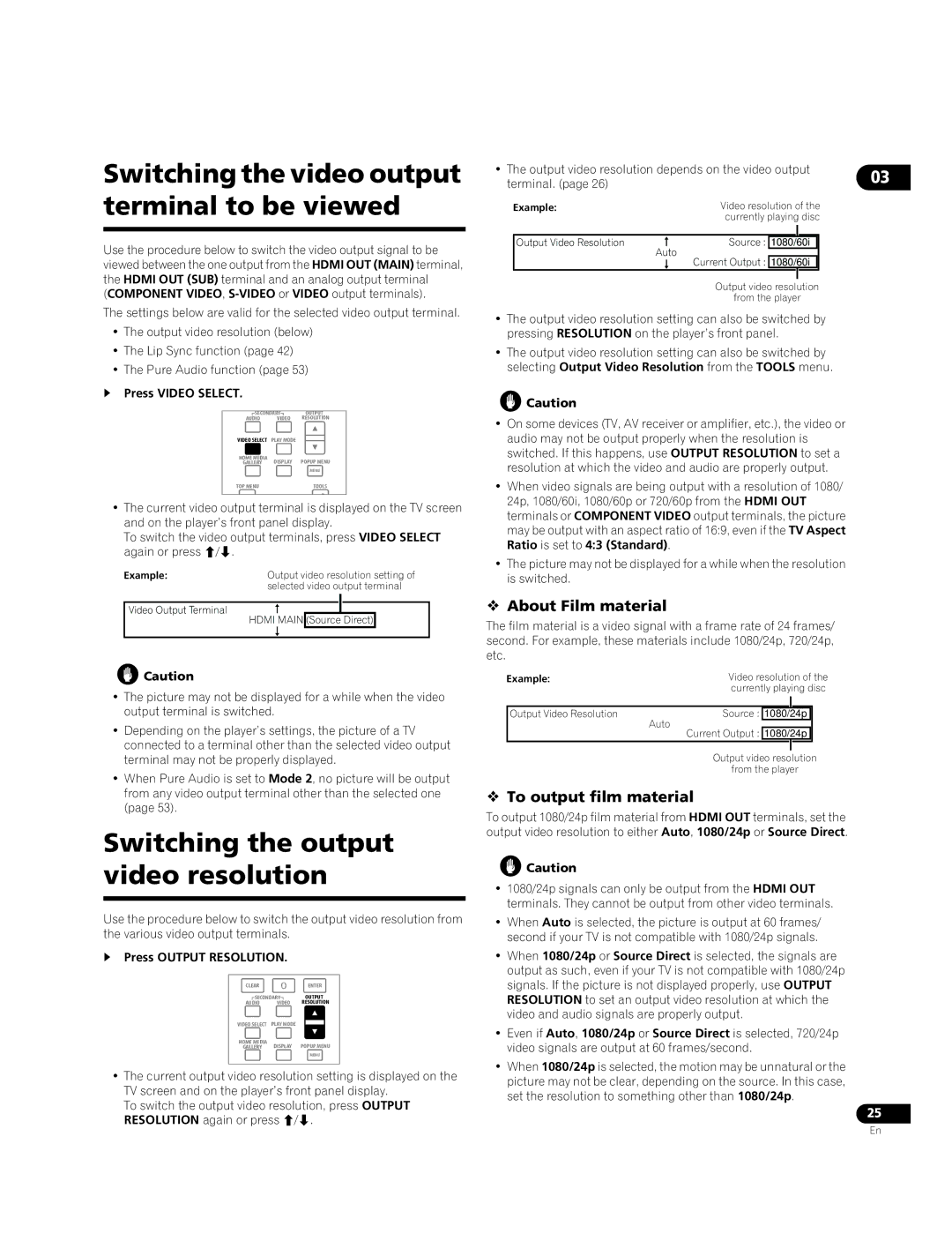 Pioneer BDP-09FD Switching the video output terminal to be viewed, Switching the output video resolution 