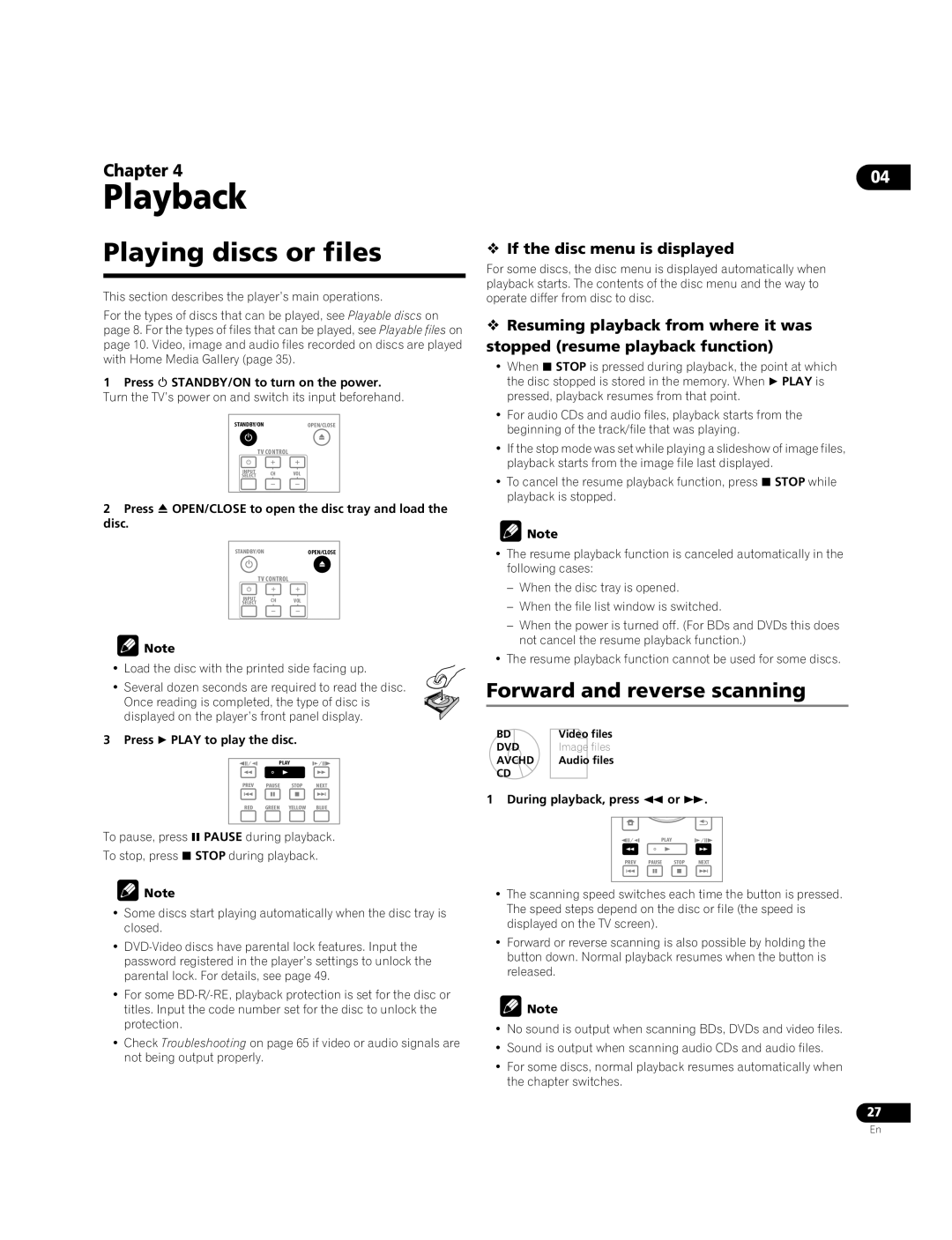 Pioneer BDP-09FD Playing discs or files, Forward and reverse scanning,  If the disc menu is displayed 