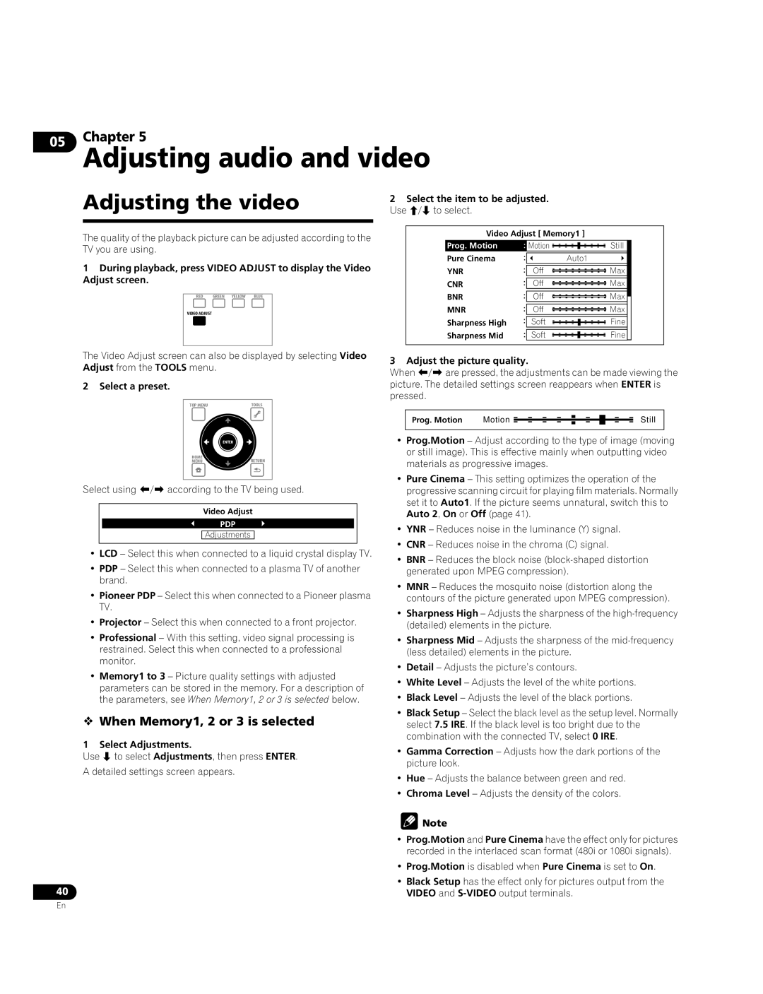 Pioneer BDP-09FD operating instructions Adjusting the video,  When Memory1, 2 or 3 is selected 