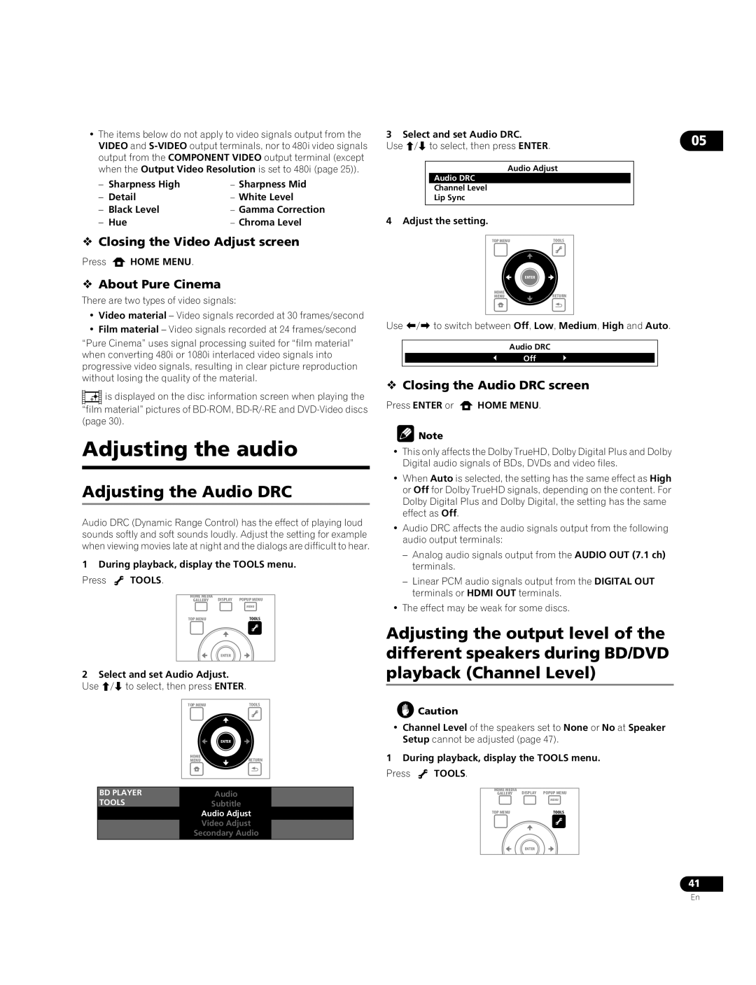 Pioneer BDP-09FD Adjusting the audio, Adjusting the Audio DRC,  Closing the Video Adjust screen,  About Pure Cinema 