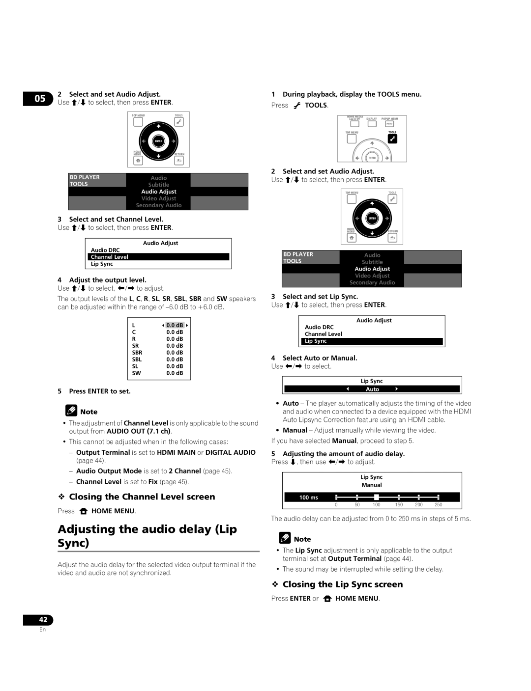 Pioneer BDP-09FD Adjusting the audio delay Lip Sync,  Closing the Channel Level screen,  Closing the Lip Sync screen 