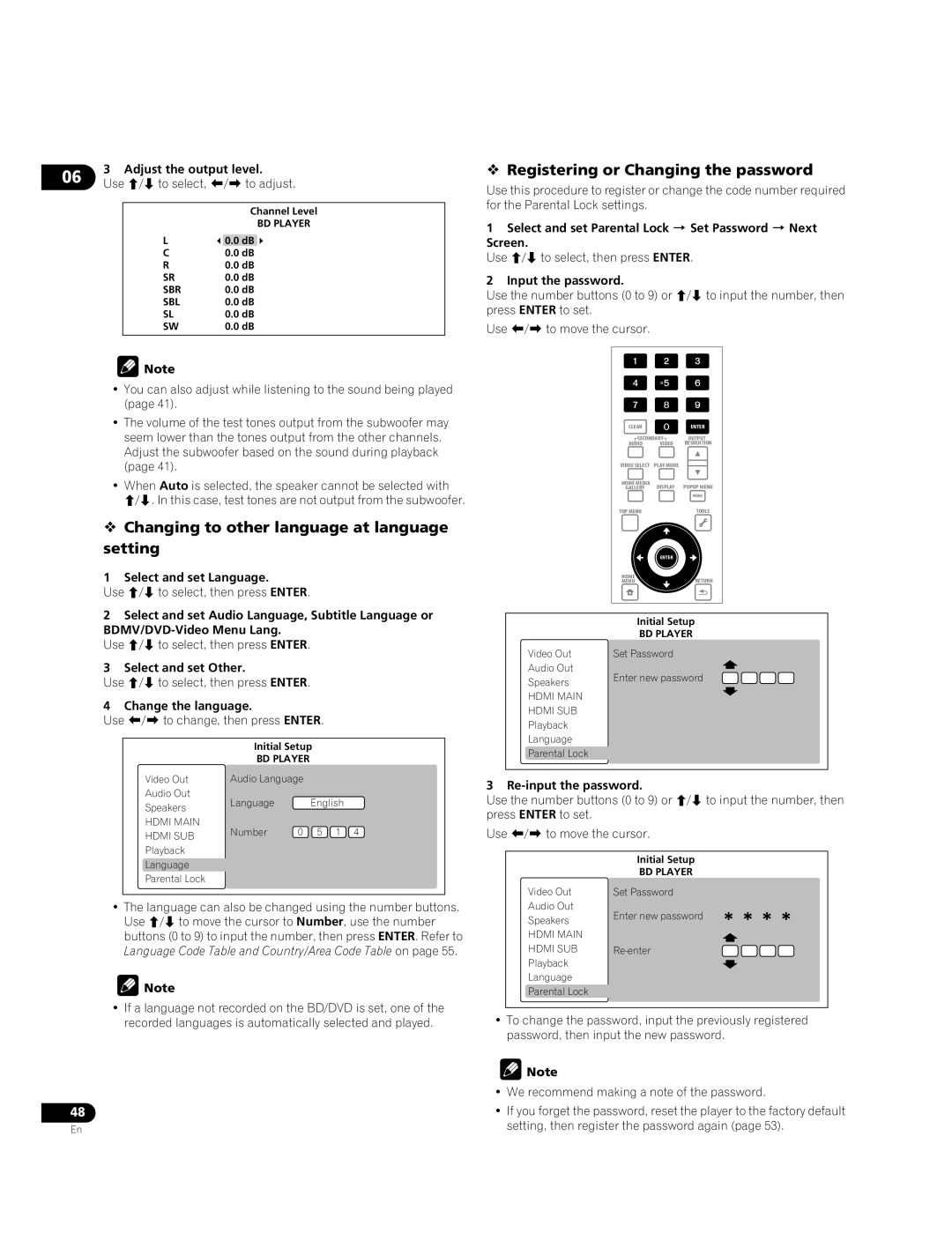 Pioneer BDP-09FD  Changing to other language at language setting,  Registering or Changing the password 