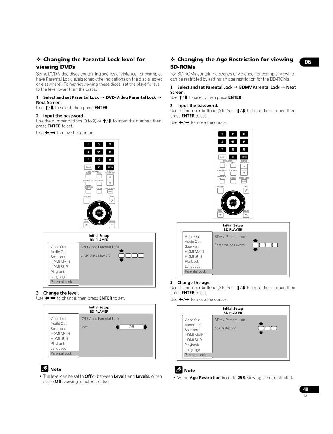 Pioneer BDP-09FD  Changing the Parental Lock level for viewing DVDs,  Changing the Age Restriction for viewing BD-ROMs 
