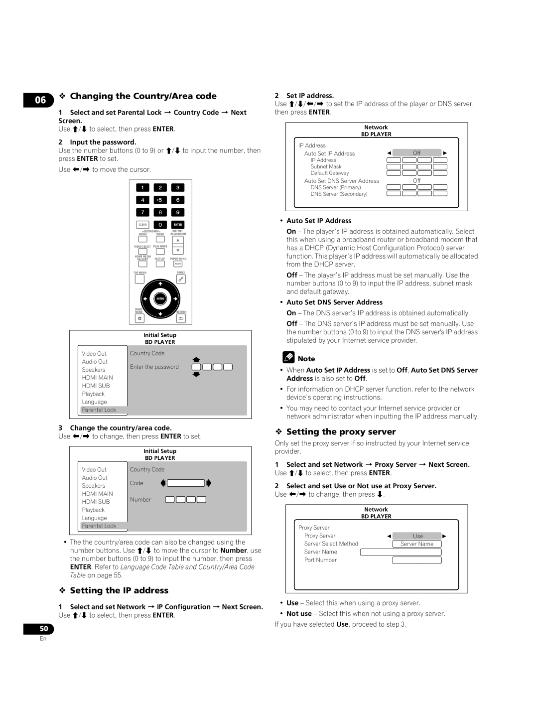 Pioneer BDP-09FD 06  Changing the Country/Area code,  Setting the IP address,  Setting the proxy server 