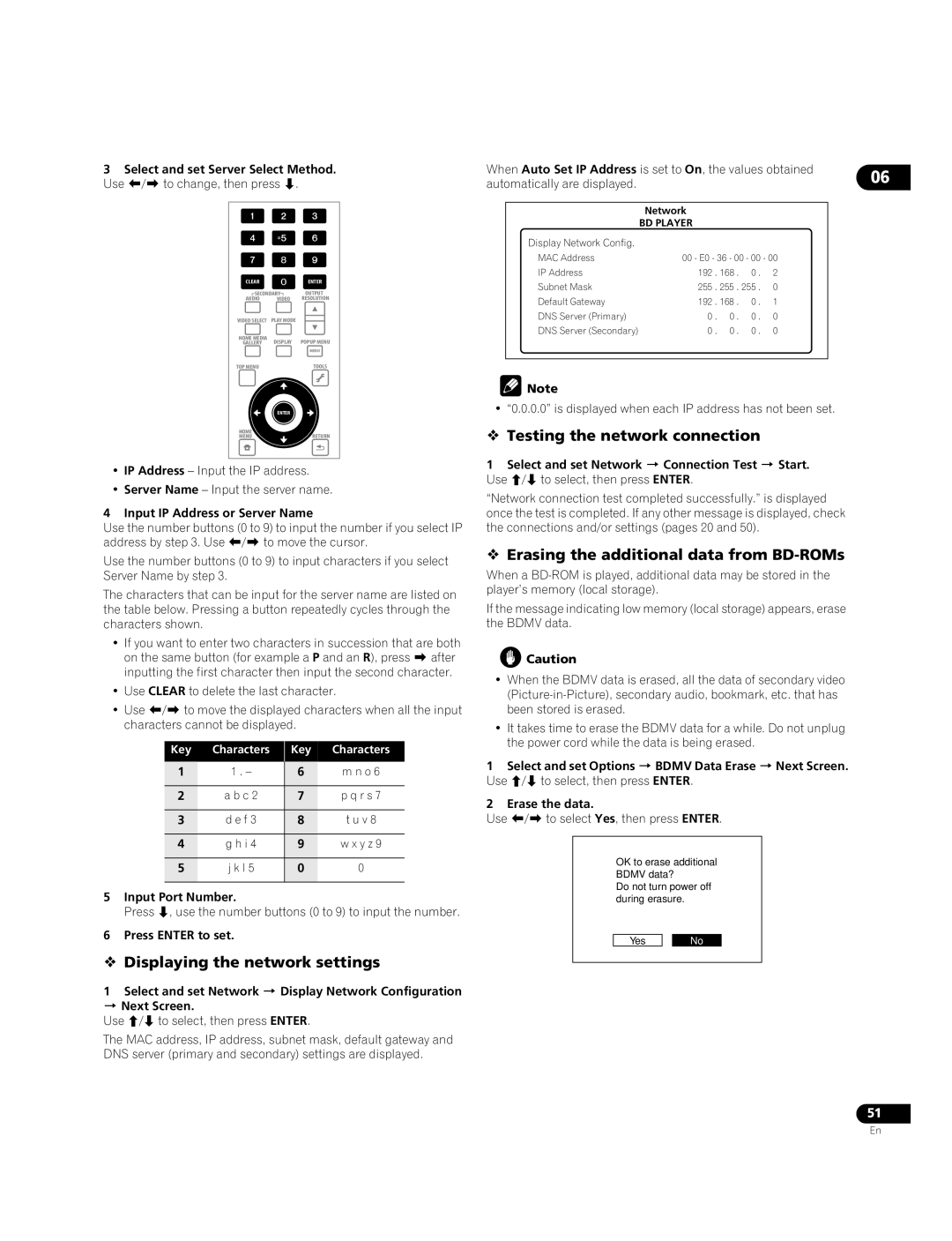 Pioneer BDP-09FD  Displaying the network settings,  Testing the network connection, Input IP Address or Server Name 