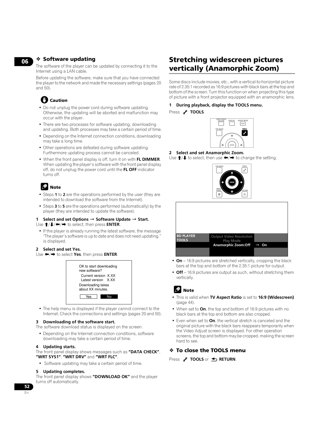 Pioneer BDP-09FD operating instructions Stretching widescreen pictures vertically Anamorphic Zoom,  Software updating 