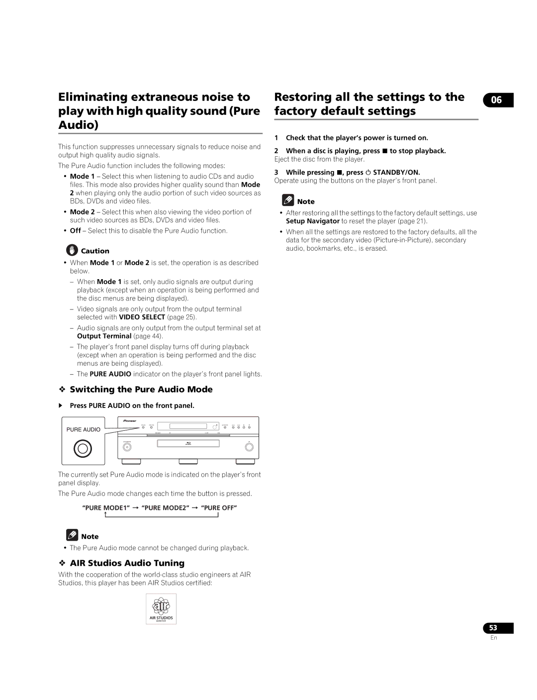 Pioneer BDP-09FD Restoring all the settings to the factory default settings,  Switching the Pure Audio Mode 