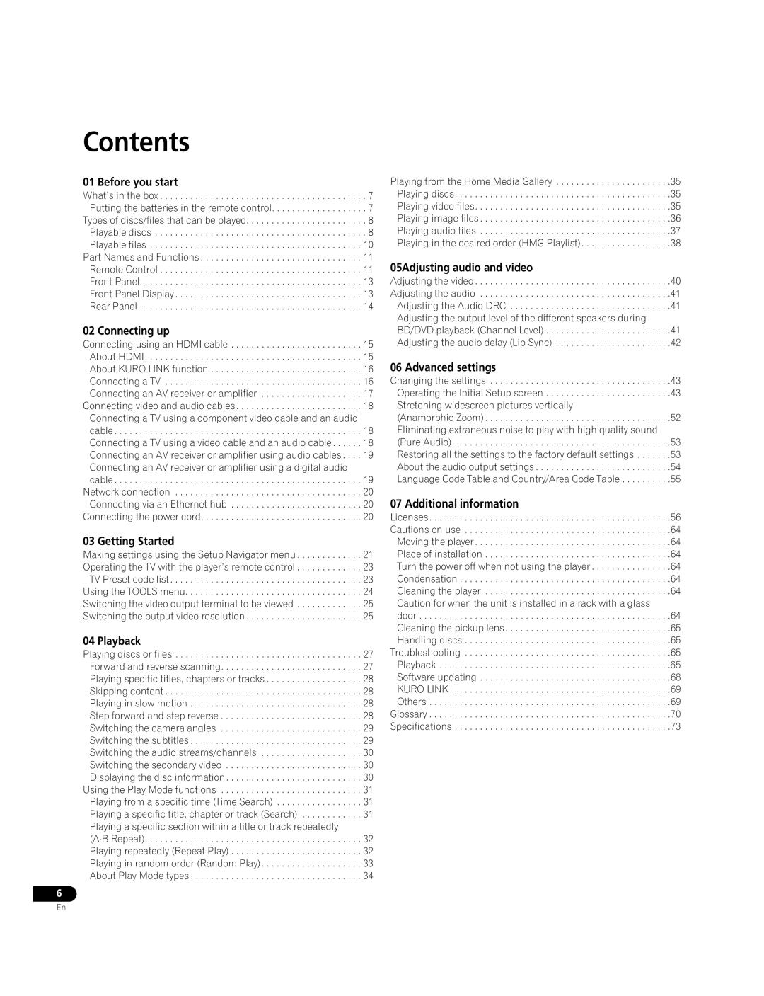 Pioneer BDP-09FD operating instructions Contents 