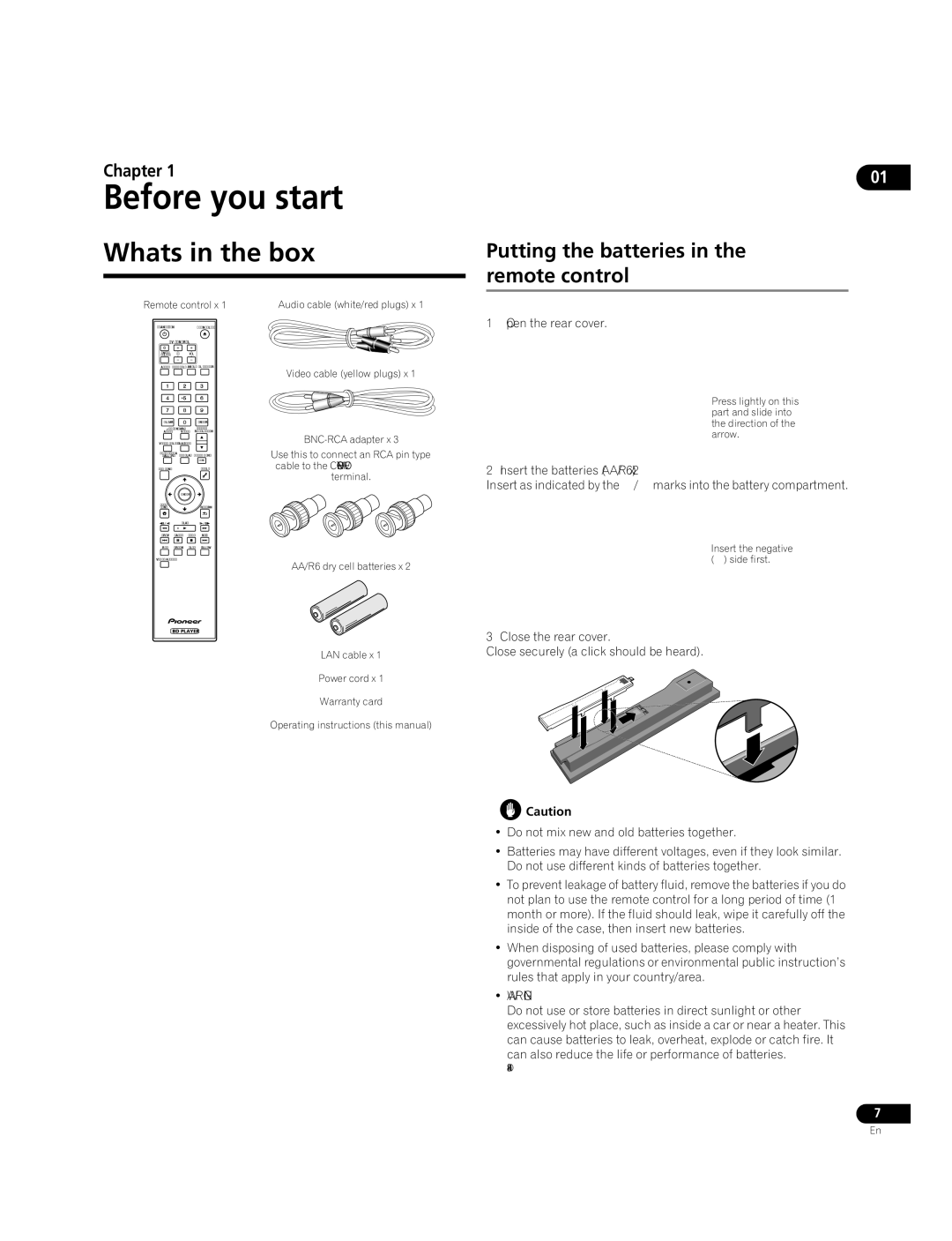 Pioneer BDP-09FD What’s in the box, Putting the batteries in the remote control, Open the rear cover, Close the rear cover 