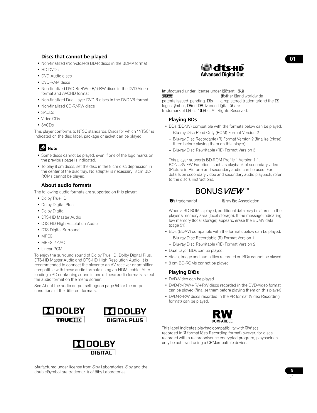 Pioneer BDP-09FD operating instructions  Discs that cannot be played,  About audio formats,  Playing BDs,  Playing DVDs 