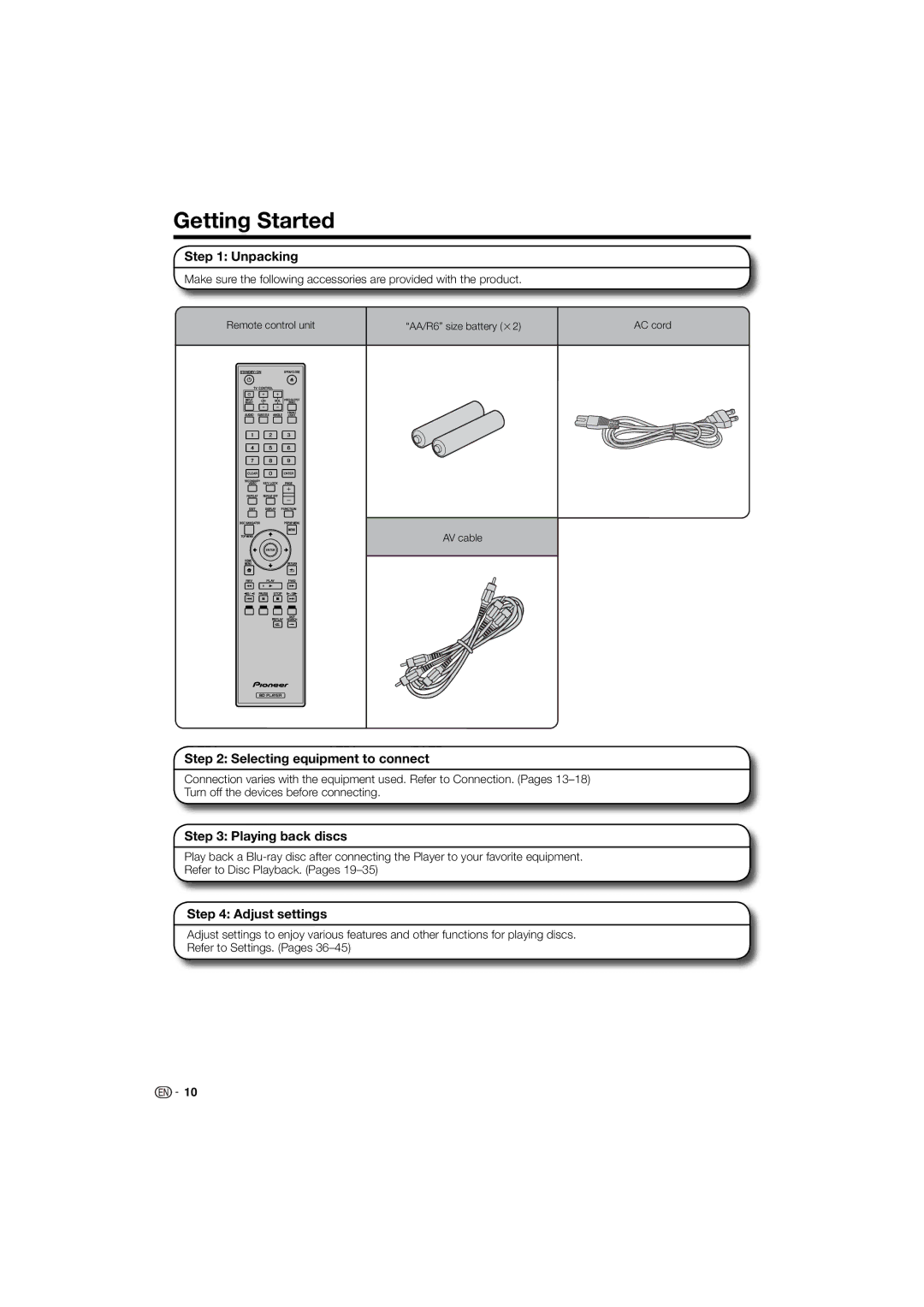 Pioneer BDP-120 Getting Started, Unpacking, Selecting equipment to connect, Playing back discs, Adjust settings 