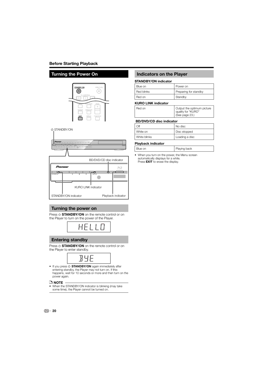 Pioneer BDP-120 Turning the Power On, Indicators on the Player, Turning the power on, Entering standby 