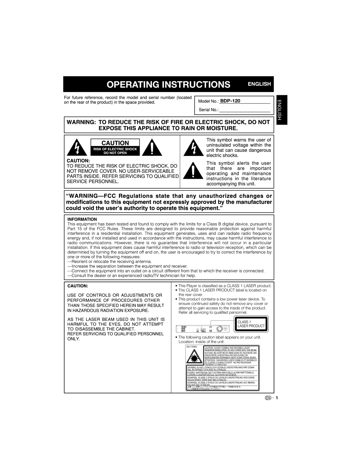 Pioneer BDP-120 operating instructions Operating Instructions English 