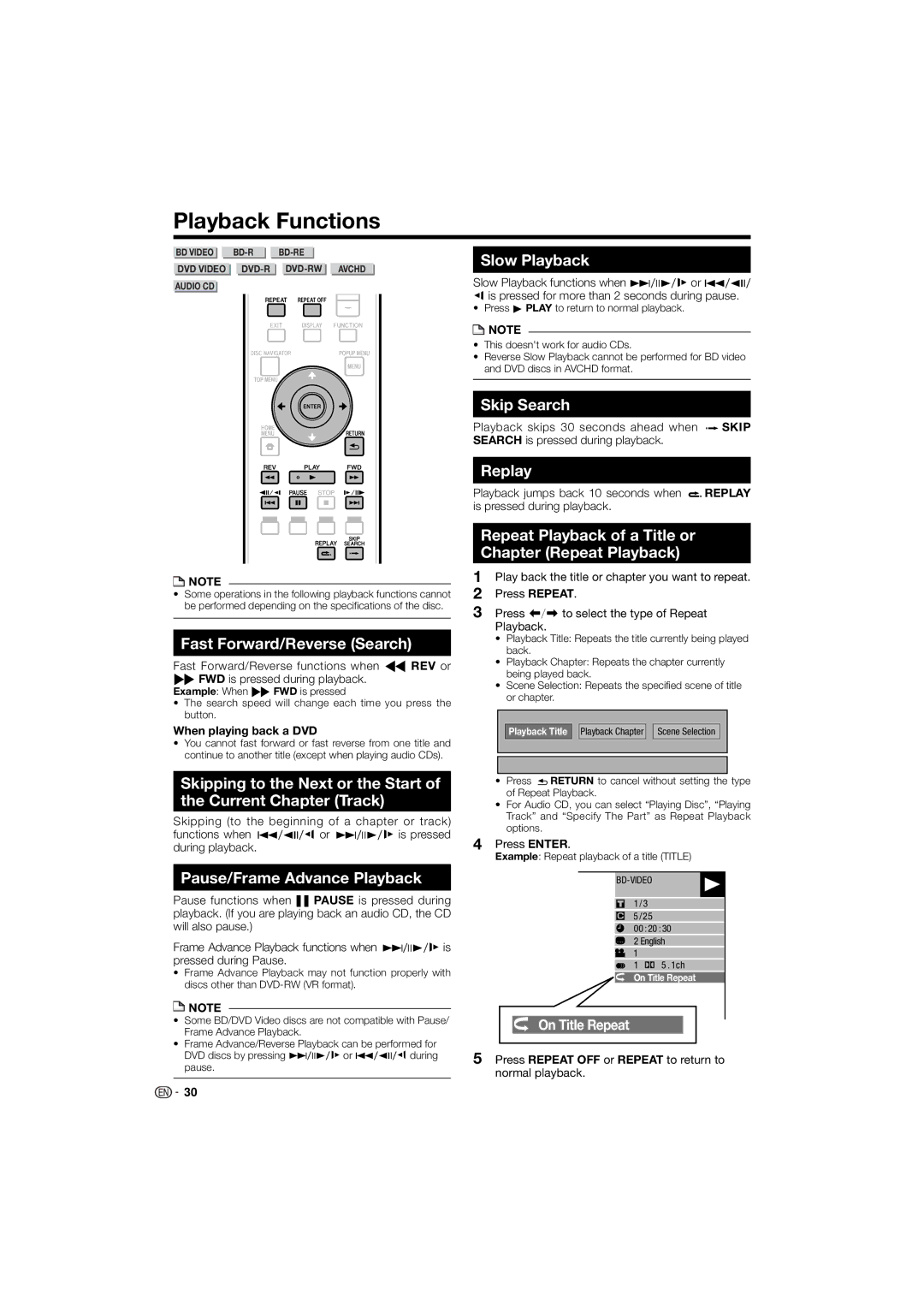 Pioneer BDP-120 operating instructions Playback Functions 